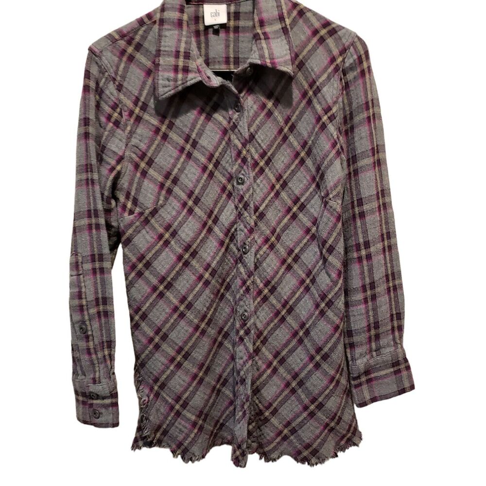 Cabi Womens Size Small Highland Flannel Raw Hem Shirt Gray Purple Plaid Button